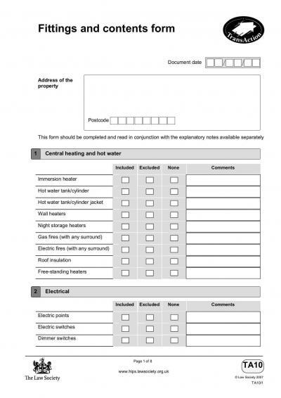 Fixtures and Fittings Form TA10